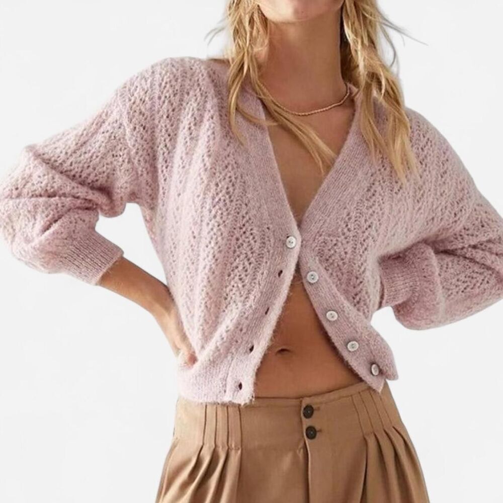 Free People Pink Cropped Knit Button Cardigan